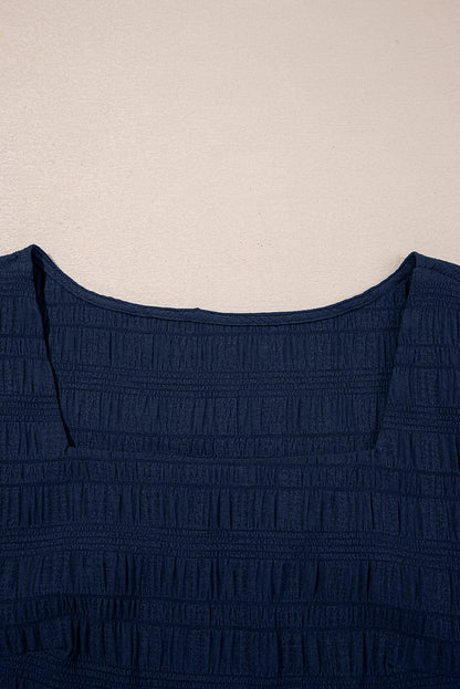 Dirty blue Textured Square Neck Top and Shirred High Waist Shorts Set
