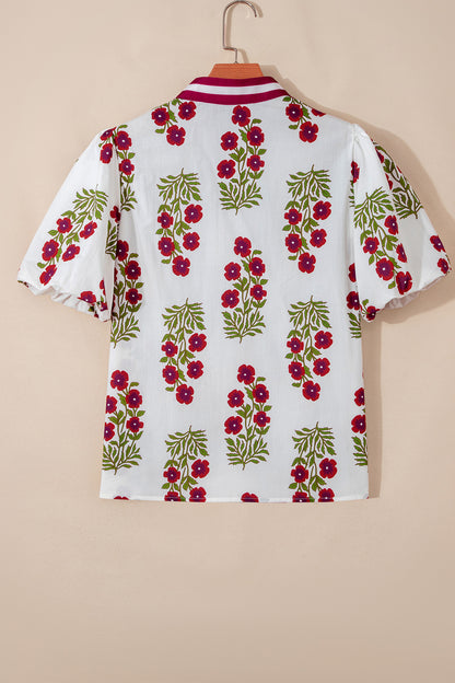 White Floral Short Bubble Sleeve Contrast Slit Neckline Blouse