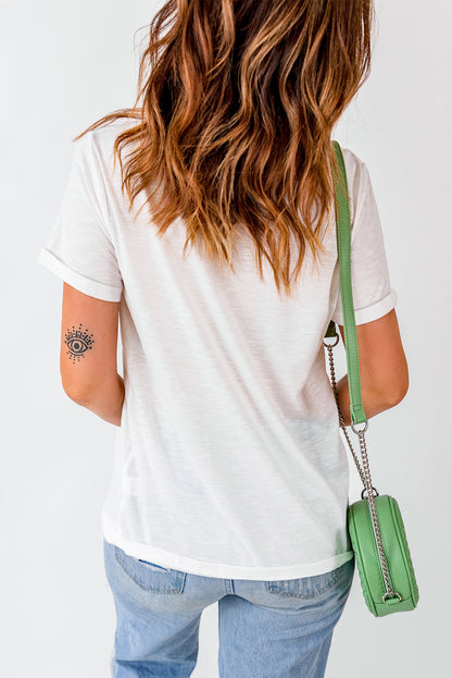 White Glitter Baseball Bow Patched Cotton Blend T Shirt