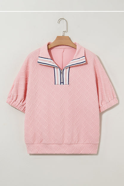 Light Pink Contrast Striped Collar Patchwork Textured Half Sleeve Blouse