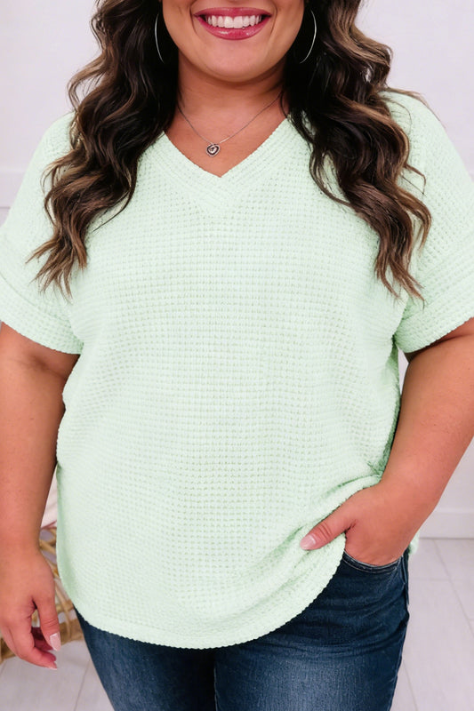 Clearly Aqua V Neck Short Sleeve Plus Size Waffle Knit Top