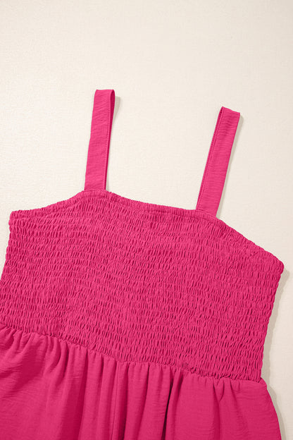 Rose Red Smocked Square Neck Sleeveless Jumpsuit with Pockets