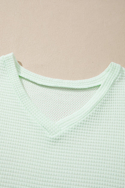 Clearly Aqua V Neck Short Sleeve Plus Size Waffle Knit Top