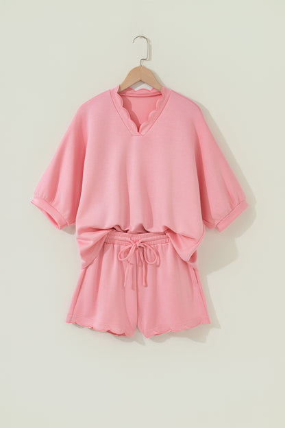Gossamer Pink Scalloped V Neck Dolman Oversize Top Drawstring Short Set