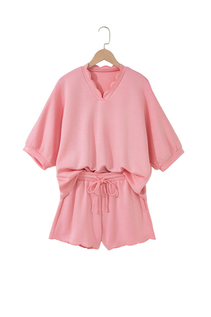 Gossamer Pink Scalloped V Neck Dolman Oversize Top Drawstring Short Set