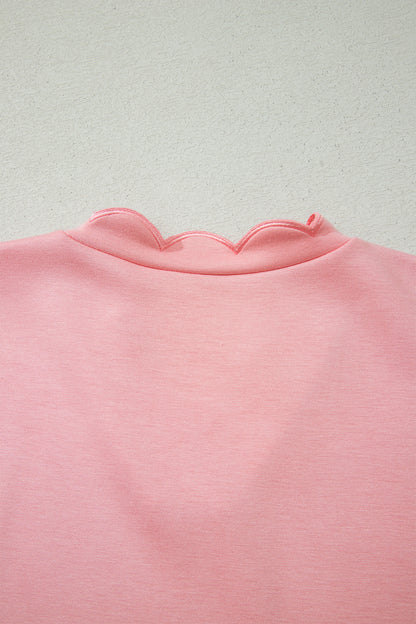 Gossamer Pink Scalloped V Neck Dolman Oversize Top Drawstring Short Set