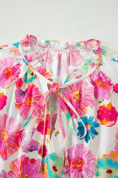 Pink Plus Size Floral Print Ruched Short Sleeve Blouse