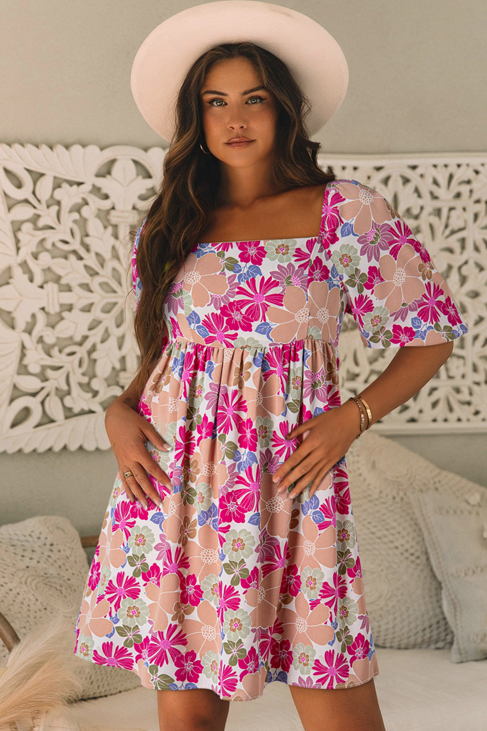 Rose Summer Floral Square Neck Puff Sleeve Babydoll Dress