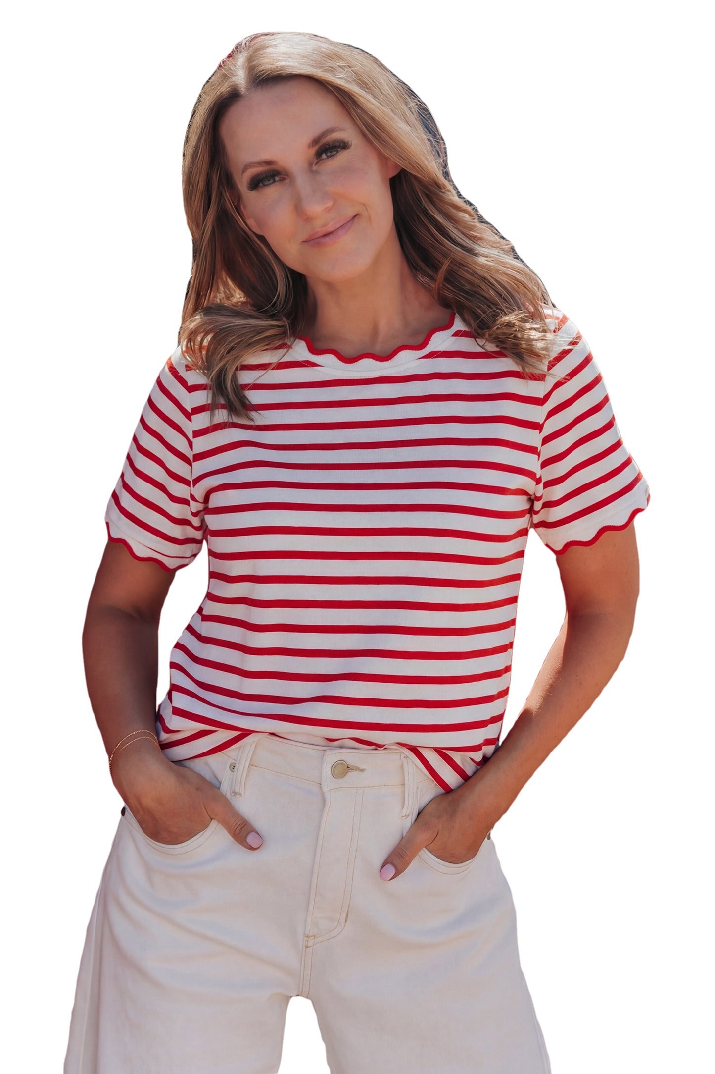 Red Stripe Scalloped Trim Round Neck T Shirt
