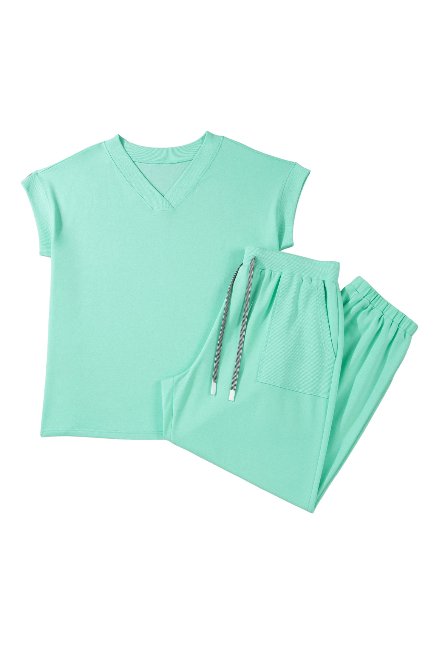 Mint Green Solid V-Neck Tee and Drawstring Plus Size Pants Set