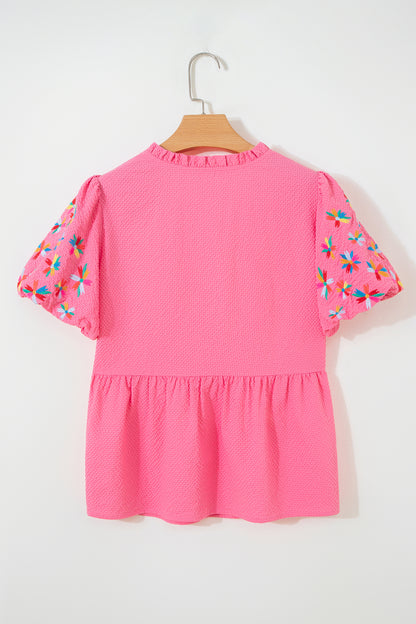 Sachet Pink Frilled V Neck Flower Embroidered Puff Sleeve Textured Blouse