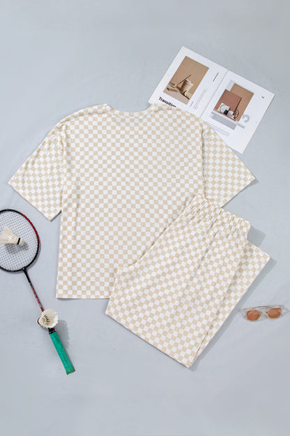 Khaki Plus Size Checkered Print Half Sleeve Tee Loose Pants Two-piece Lounge Set