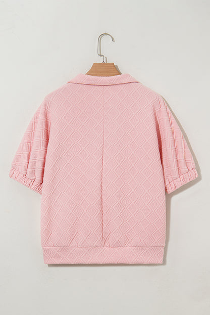 Light Pink Contrast Striped Collar Patchwork Textured Half Sleeve Blouse