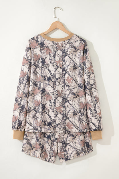 Khaki Woodland Camo Print Long Sleeve Top Casual Short Set