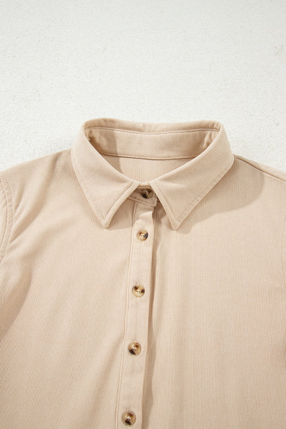 Dearlovers Oatmeal Corduroy Half Button Collared Long Sleeve Mini Dress